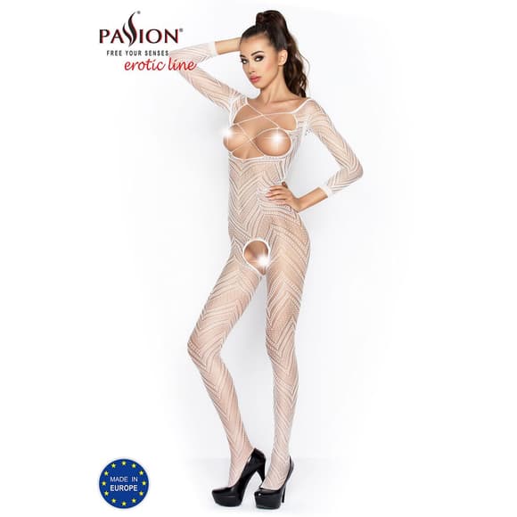 Розпродаж!!! Бодістокінг Passion BS040 white, комбінезон з відкритими грудьми