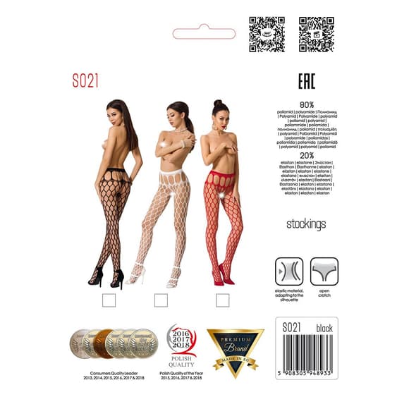 Эротические колготки-бодистокинг Passion S021 white, в крупную сетку с высоким пояском