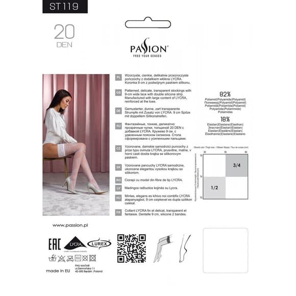 Чулки Passion ST119 3/4 white, ажурная силиконовая резинка с цветочным декором и люрексовой нитью