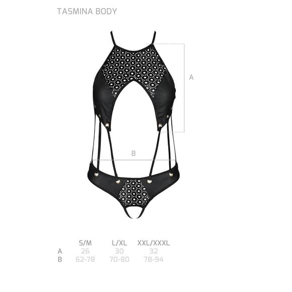 Боди с открытым доступом Passion TASMINA BODY S/M, black, экокожа, шнуровки, ажурные кружева