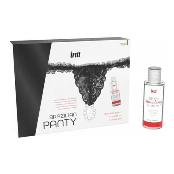 Набор Intt BRAZILIAN PANTY BLACK: трусики на резинке S-XL с жемчужным кольцом + клубничная смазка