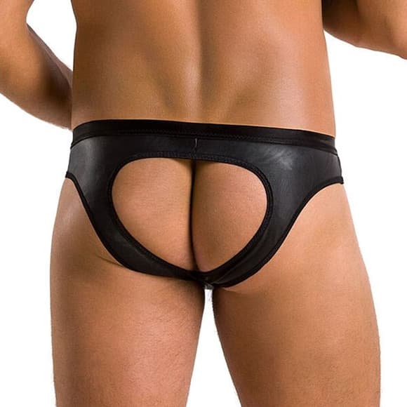 Мужские слипы с вырезами Passion 041 SLIP JOE S/M Black, экокожа, открытые ягодицы