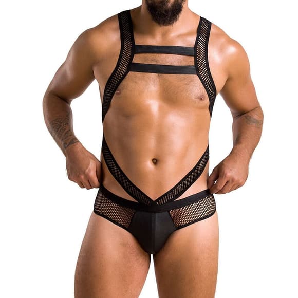 Мужское эротическое сетчатое боди Passion 045 VICTOR S/M Black, экокожа, сетка