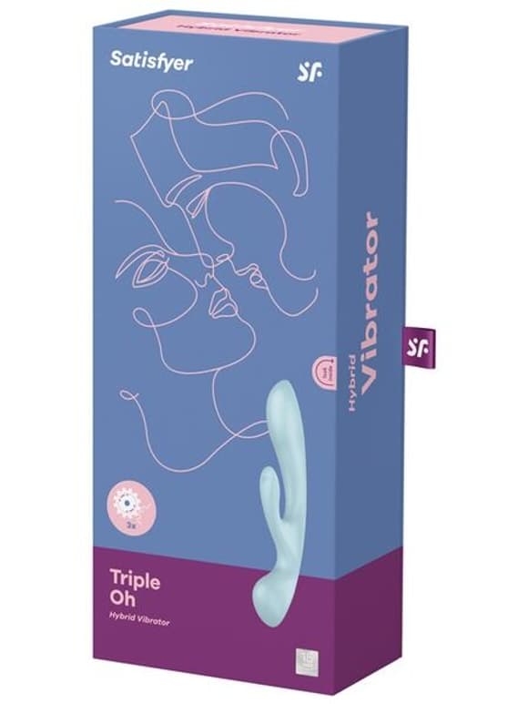 Двосторонній вібратор-кролик Satisfyer Triple Oh Light Blue, 3 мотори, руків’я-масажер
