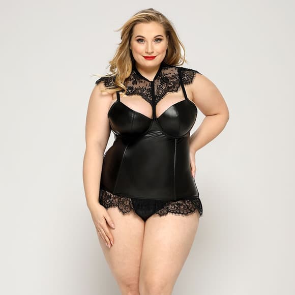 Латексный комплект белья JSY «Страстная Ирис» Plus Size, Black, корсет, стринги, кружево