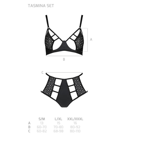 Комплект белья Passion TASMINA SET XXL/XXXL black, лиф, высокие трусики с корсетом сзади