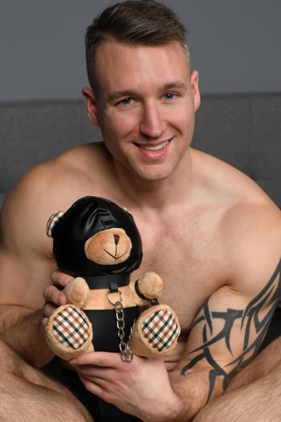 Плюшевий ведмедик HOODED Teddy Bear БДСМ у шкіряному капюшоні з повідцем, 23x16x12 см