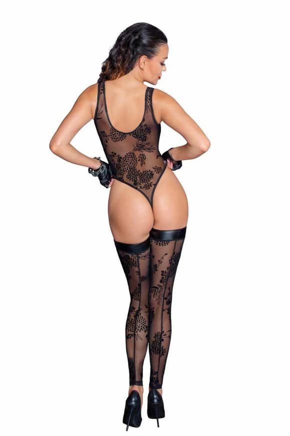 Боди Noir Handmade F242 Tulle body with patterned flock embroidery - L