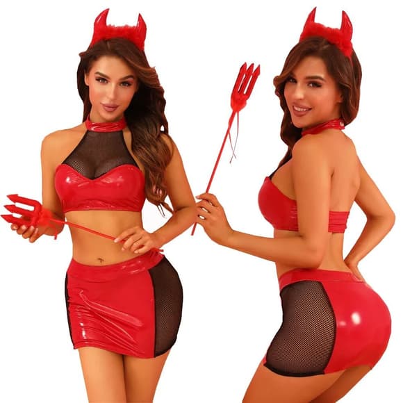 Эротический костюм дьяволицы JSY «Искусительница Джен» One Size, топ, юбка, трусики, рожки, жезл