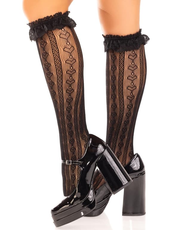 Носочки ажурные с рюшами Leg Avenue Sweetheart Ruffle Cuff Knee Highs Black, высокие