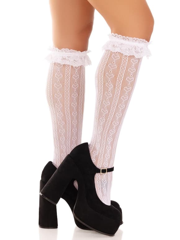Носочки ажурные с рюшами Leg Avenue Sweetheart Ruffle Cuff Knee Highs White, высокие