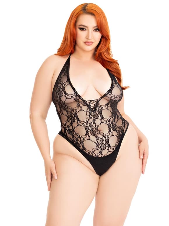 Боди Leg Avenue Floral lace deep-V teddy Black 1X/2X