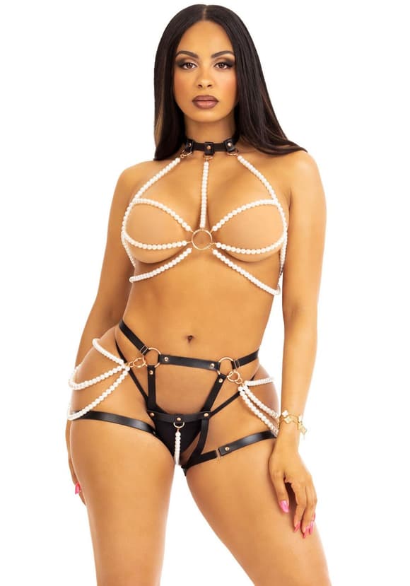 Комплект с жемчугом Leg Avenue Faux Pearl Halter Harness M