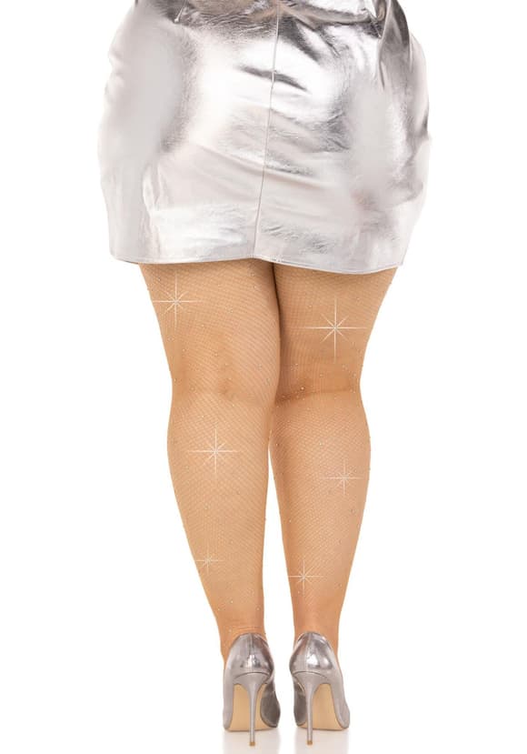 Колготки Leg Avenue Rhinestone micro net tights Plus size Caramel, мелкая сетка, стразы