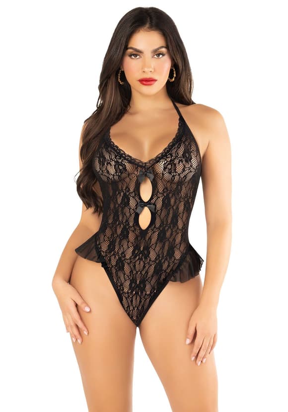 Боди Leg Avenue Lace Floral Lace Halter Teddy with Flutter Accent One Size, Black