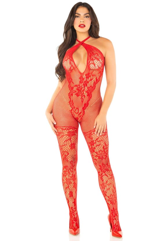 Бодістокінг Leg Avenue Seamless Net and Lace Lingerie Jumpsuit One Size, Red
