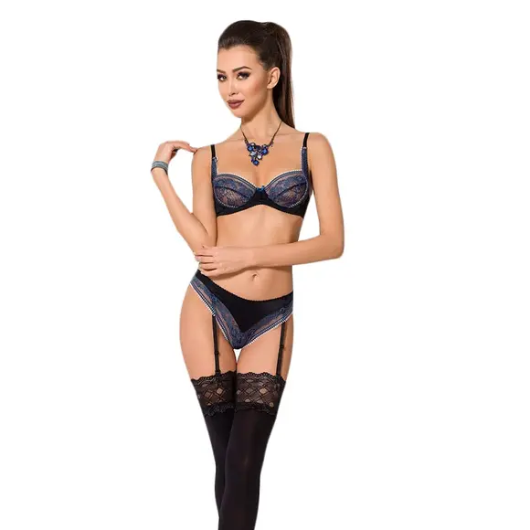 Мереживний комплект білизни Passion GISELE SET L/XL Black, бюстгальтер, трусики з пажами