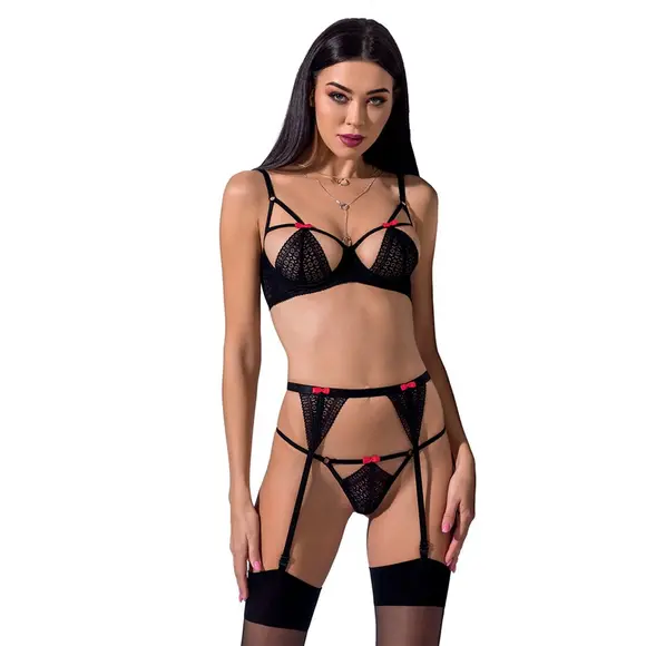 Комплект белья PERDITA SET black XXL/XXXL - Passion Exclusive: стрэпы: лиф, стринги и пояс для чулок