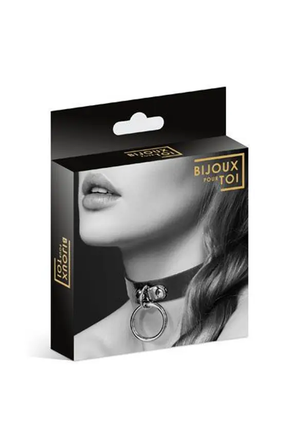 Чокер с кольцом для поводка Bijoux Pour Toi - FETISH Black, экокожа