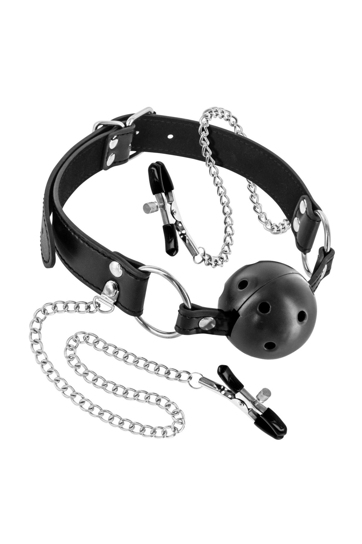 Повітропроникни�й кляп із затискачами для сосків Fetish Tentation Rigid Gag Ball with Nipple Clamps