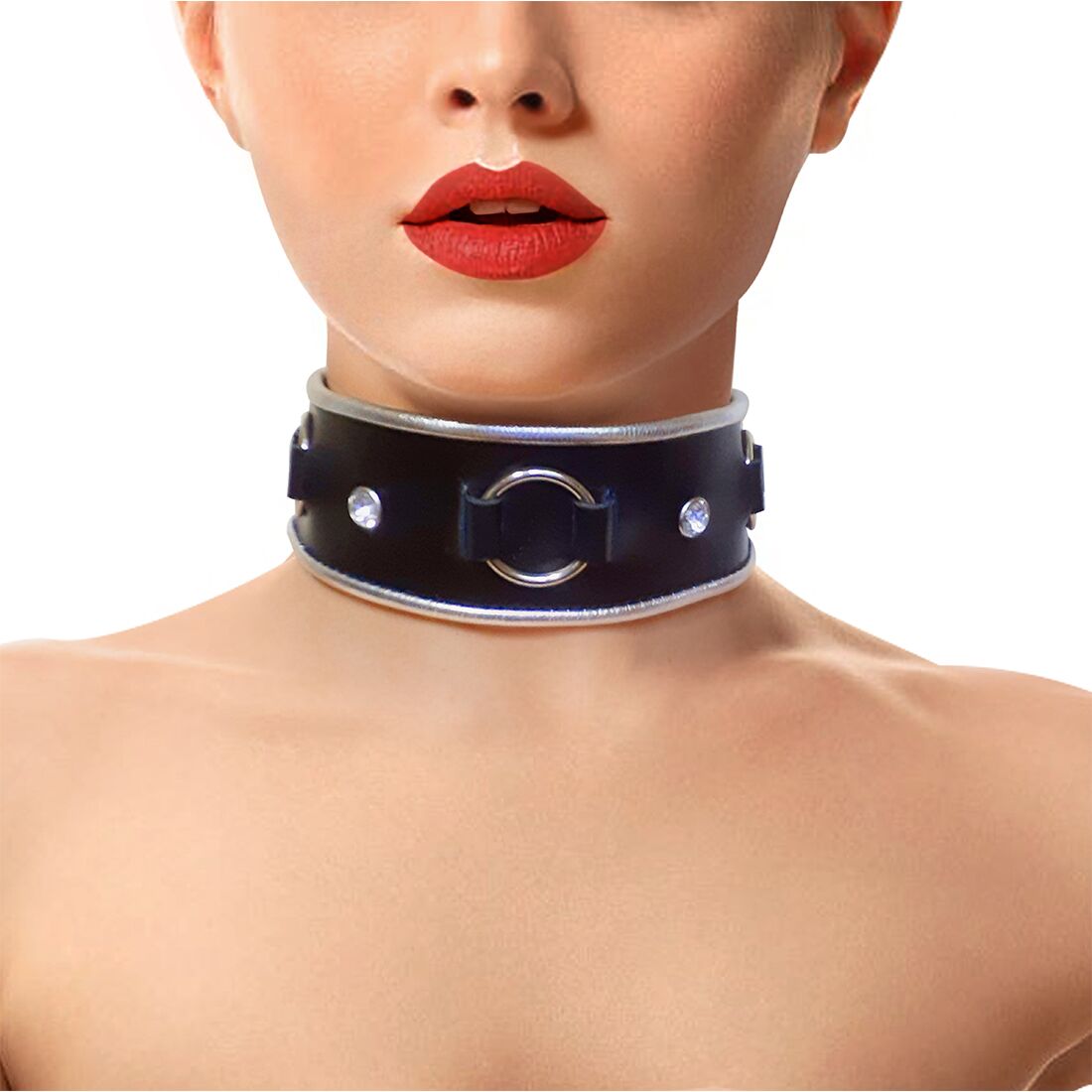 Ошейник из натуральной кожи со стразами и коль�цом Art of Sex -  Collar Ring