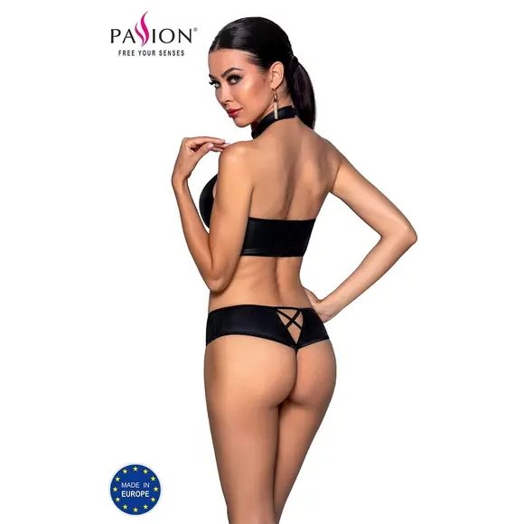 Комплект из эко-кожи Nancy Bikini black S/M - Passion, бра и трусики с имитацией шнуровки 