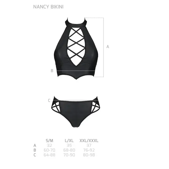 Комплект из эко-кожи Nancy Bikini black XXL/XXXL - Passion, бра и трусики с имитацией шнуровки 