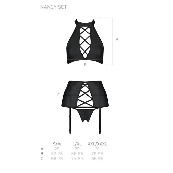 Комплект из эко-кожи с имитацией шнуровки Nancy Set black L/XL - Passion топ, трусики и пояс для чул