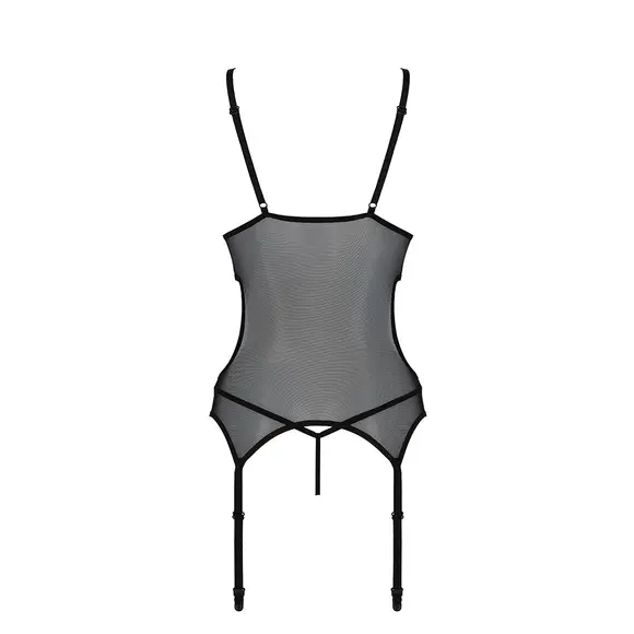 Корсет с подвязками и ажурным лифом Christa Corset black L/XL — Passion, стринги в комплекте