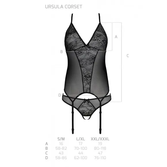 Корсет с пажами, трусики с ажурным декором и открытым шагом Ursula Corset black L/XL — Passion