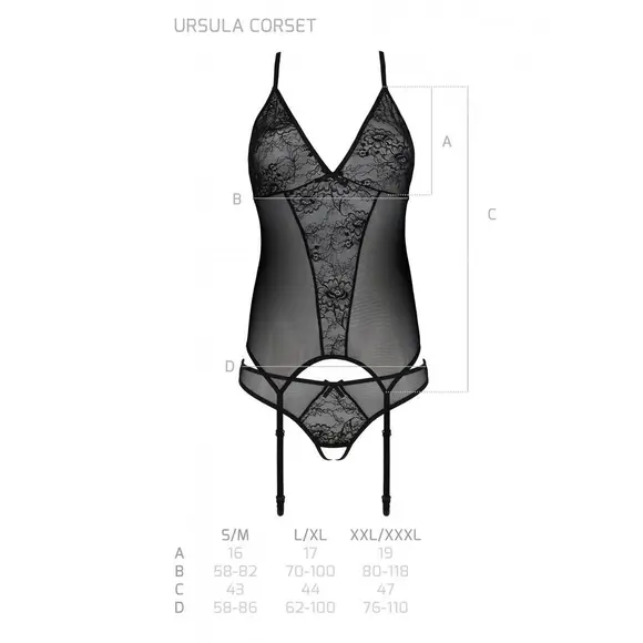 Корсет с пажами, трусики с ажурным декором и открытым шагом Ursula Corset black XXL/XXXL — Passion