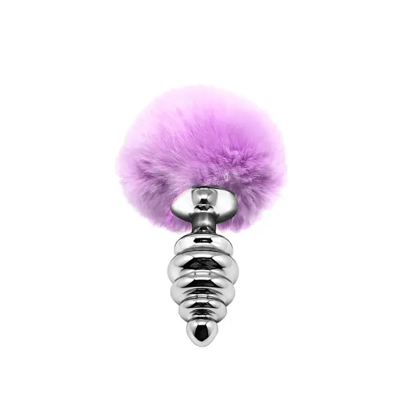 Металлическая анальная пробка Кроличий хвостик Alive Fluffy Twist Plug M Purple, диаметр 3,4 см