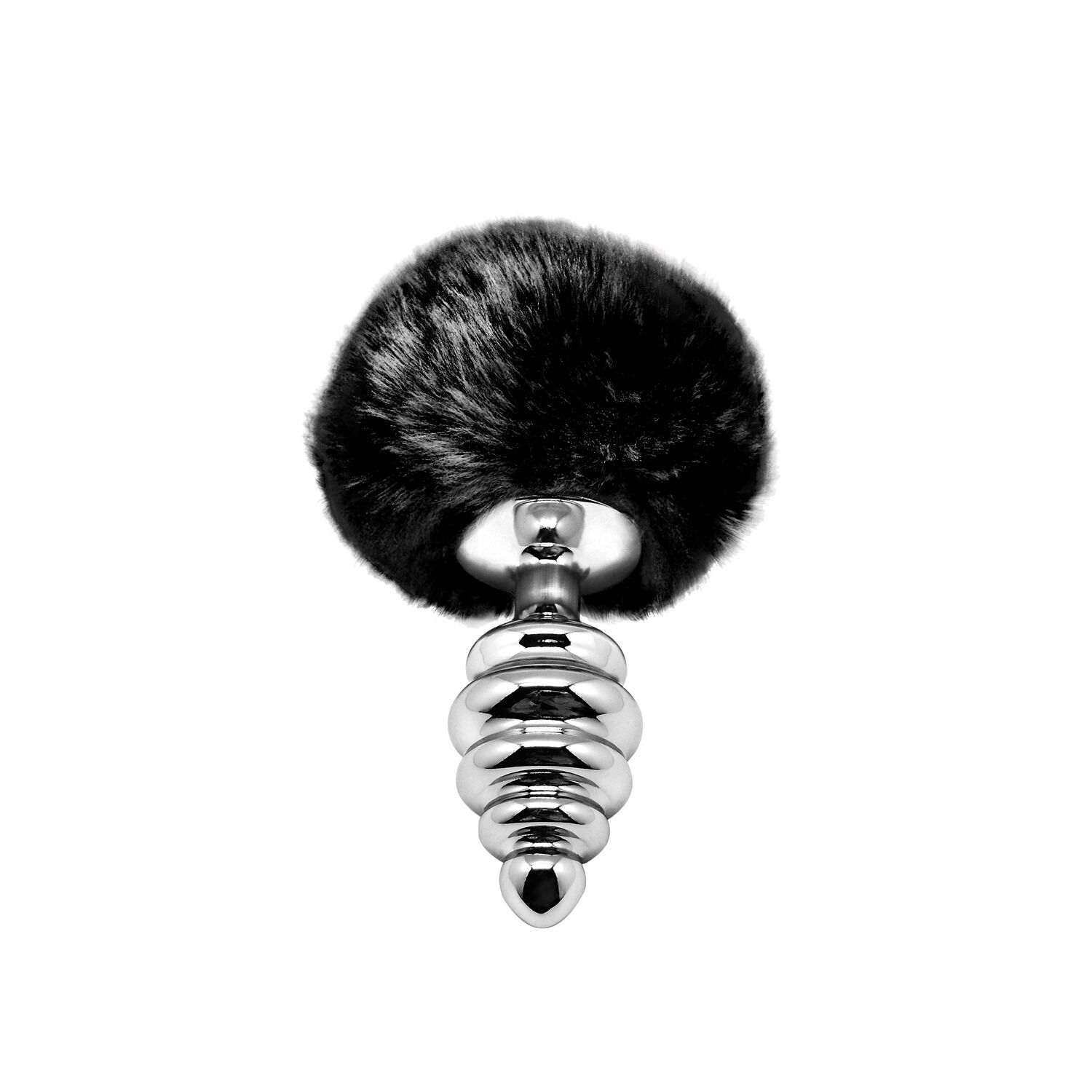 Металлическая анальная проб�ка Кроличий хвостик Alive Fluffy Twist Plug M Black, диаметр 3,4 см