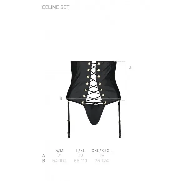 Пояс-корсет з екошкіри CELINE SET black S/M — Passion: шнурівка, знімні пажі для панчіх, стрінги