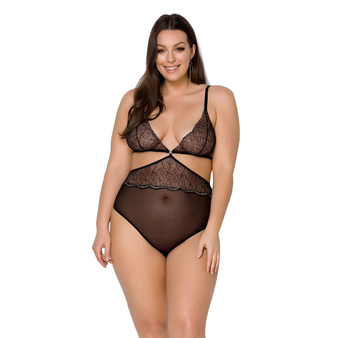 Боди Passion AMBERLY BODY 6XL/7XL black, ассиметричный крой, кружевной лиф, золотая нить