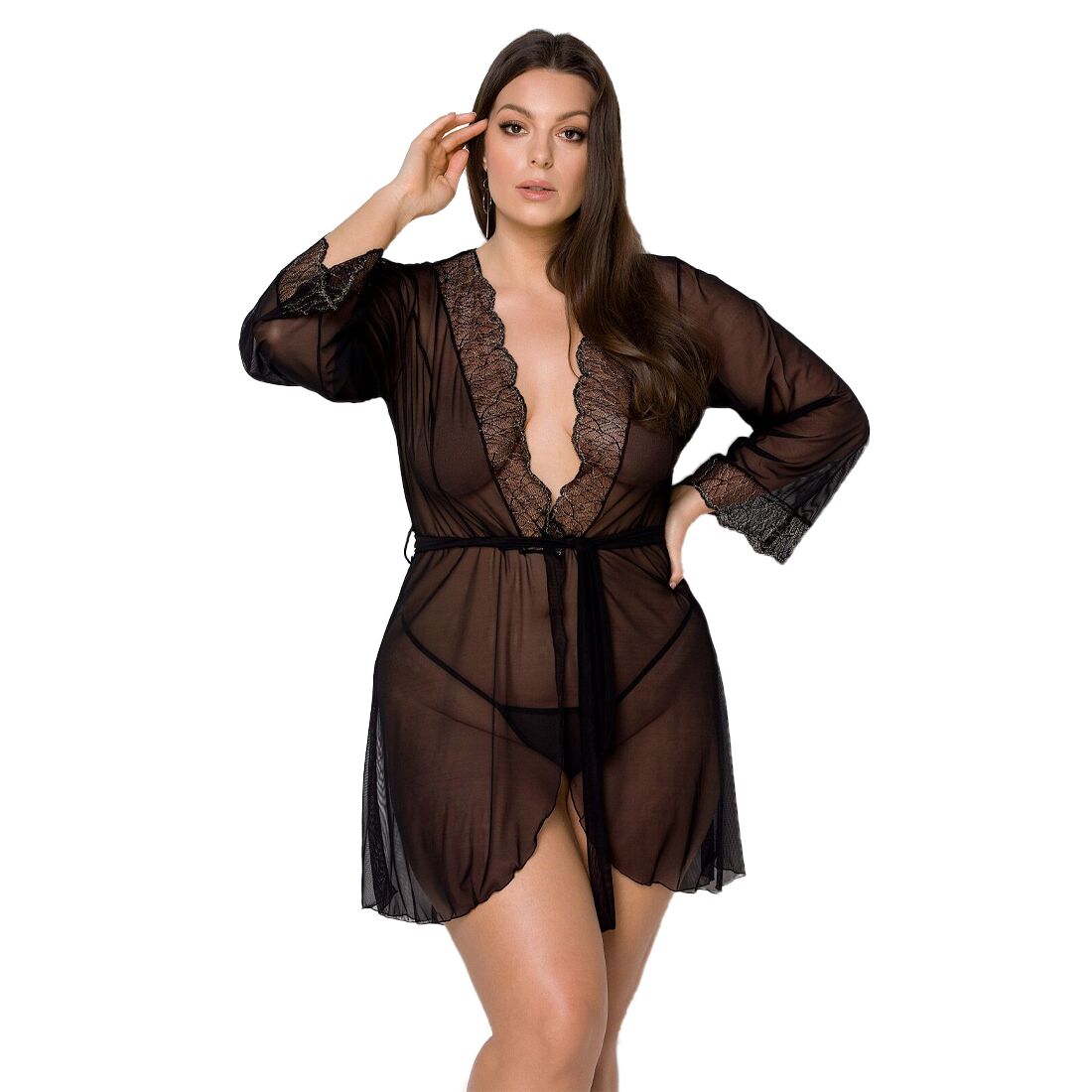 Пеньюар Passion AMBERLY PEIGNOIR 6XL/7XL, black, ажурні декольте та манжети, широкі рукави