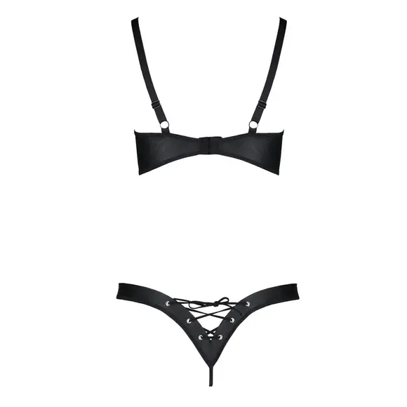 Комплект из экокожи Passion Celine Bikini 4XL/5XL black, открытый бра, стринги со шнуровкой