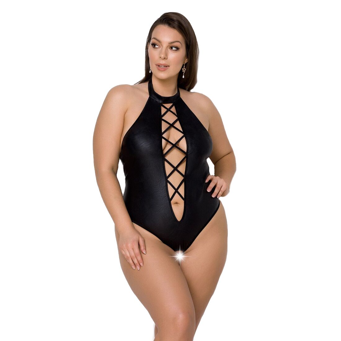 Боди из экокожи Passion NANCY BODY 6XL/7XL black, с имитацией шнуровки и открытым доступом