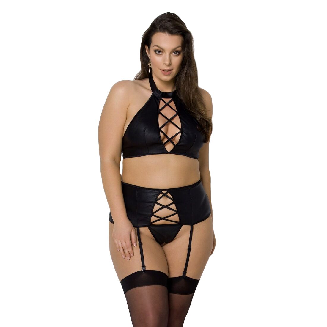 Комплект из экокожи Passion NANCY SET 6XL/7XL black, имитация шнуровки, топ, пояс для чулок