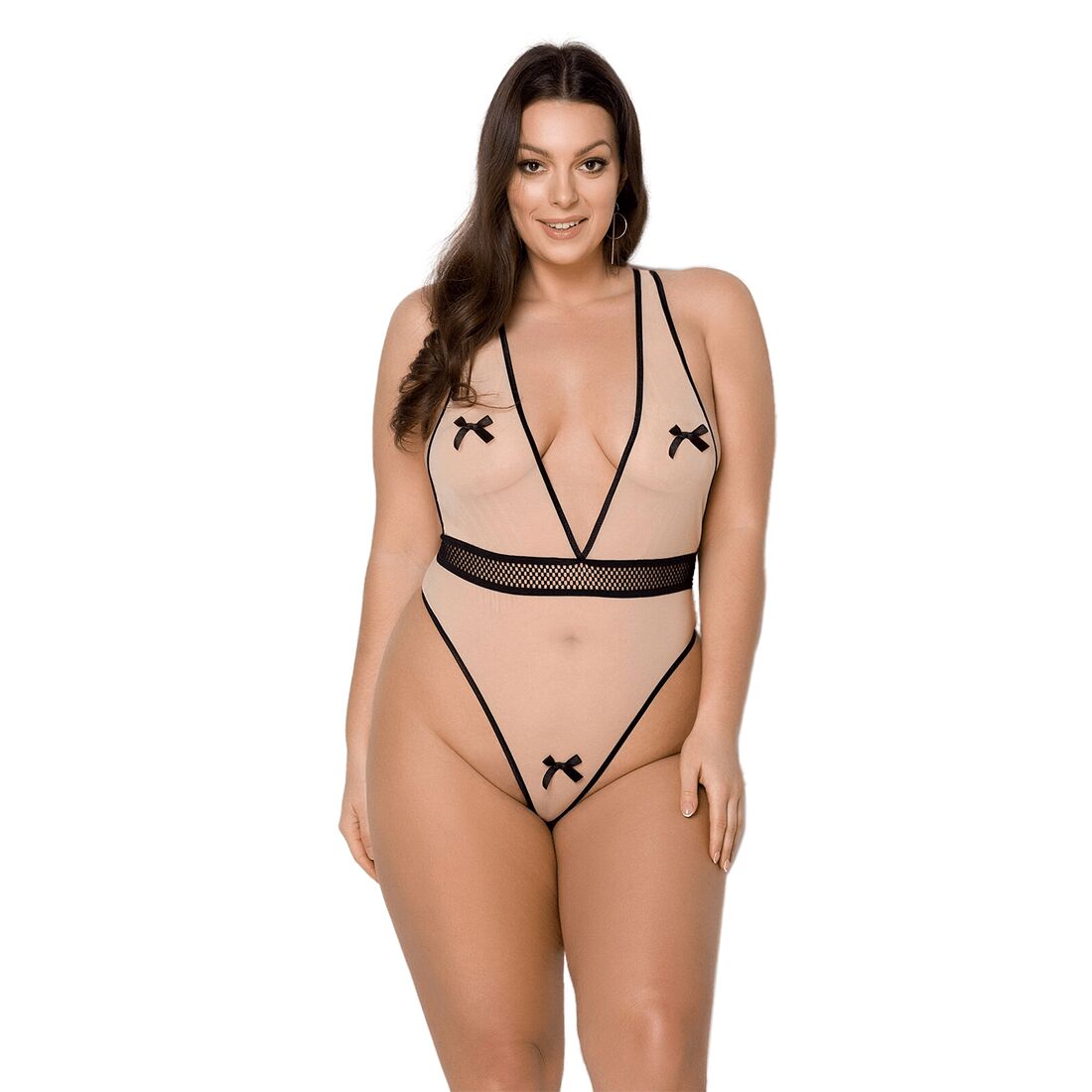 Боди Passion Viena Body 6XL/7XL beige, контрастное, бантики, вставка-сетка, открытые ягодицы