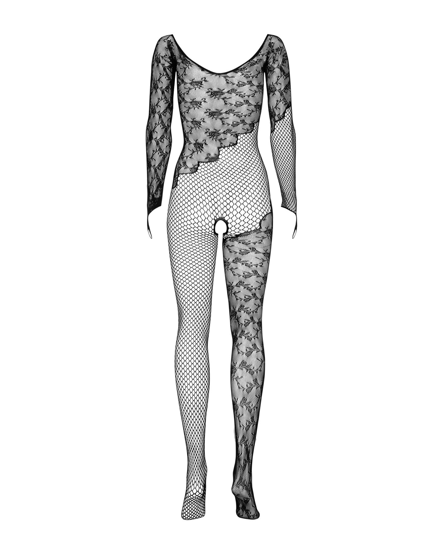 Бодистокинг Obsessive Bodystocking F210 S/M/L black, рукава-митенки, сетка, цветное кружево