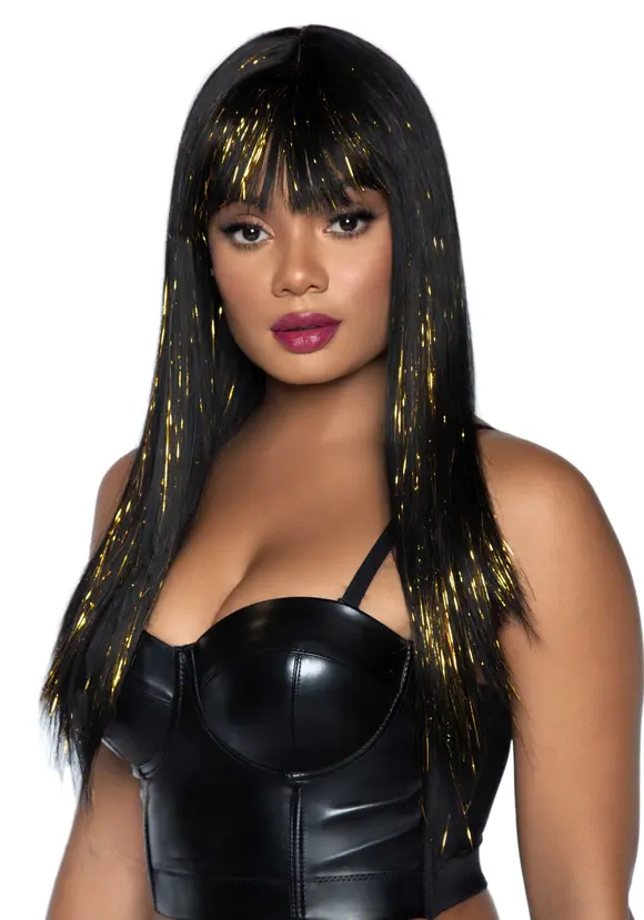 �Чорна перука із золотими пасмами Leg Avenue Long bang wig with tinsel, 60 см
