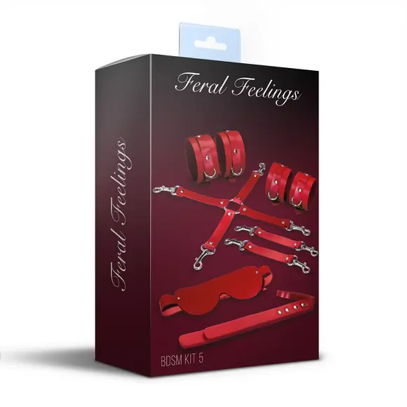 Набор Feral Feelings BDSM Kit 5 Red, наручники, поножи, крестовина, маска, паддл