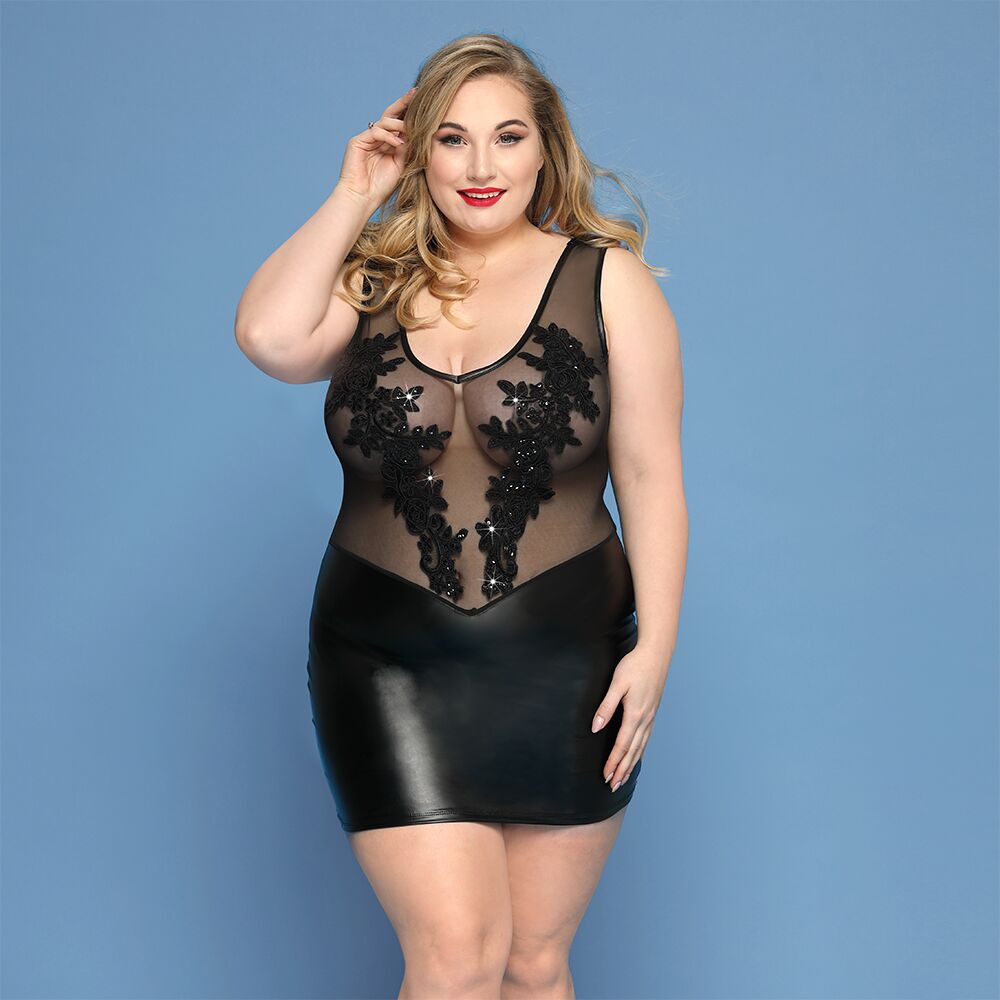 Элегантное платье JSY «Леди София» Plus Size, black, мелкая сетка, вышивка, экокожа