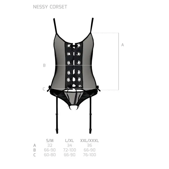 Корсет зі шнурівкою Passion NESSY CORSET L/XL black, стрінги з відкритим доступом, пажі для панчіх