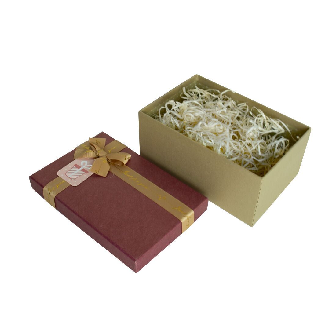 Подарочная коробка с бантом б�ордово-золотая, M — 25×18,5×11,5 см