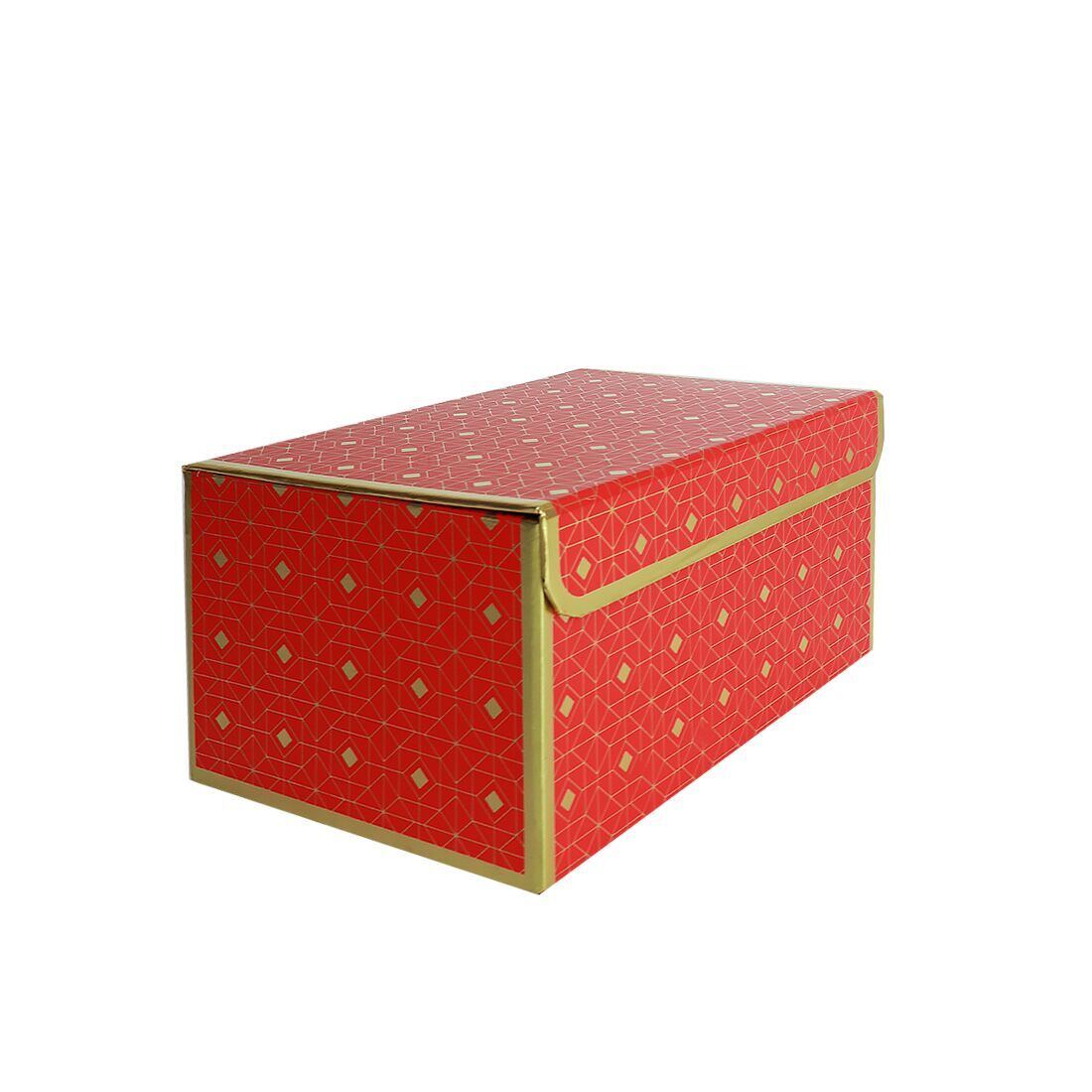 Подарочная коробка красная с золотым геометрическим рисунком, M �— 23×16×12 см
