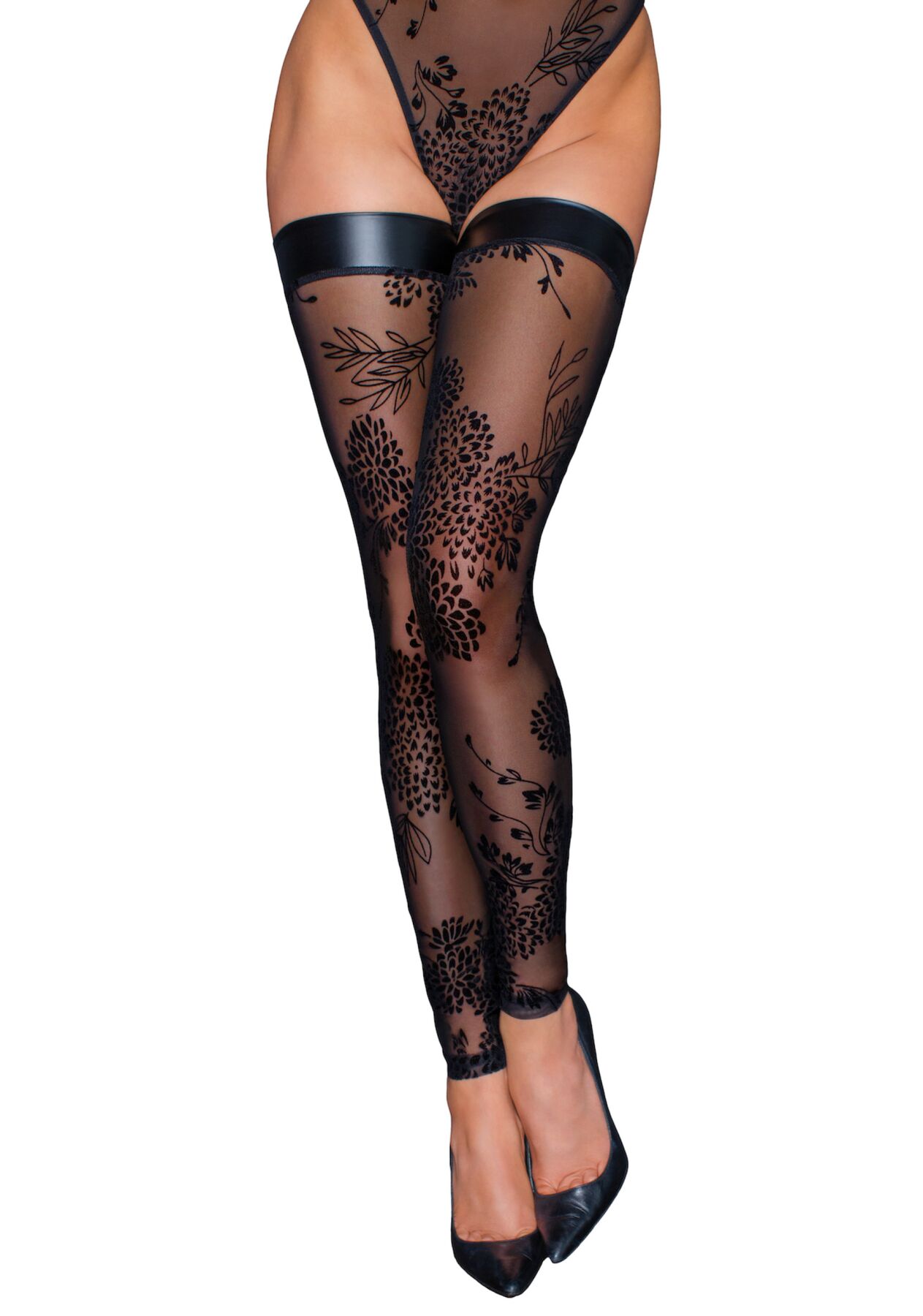 Панчохи Noir Handmade F243 Tulle stockings with patterned flock embroidery - S