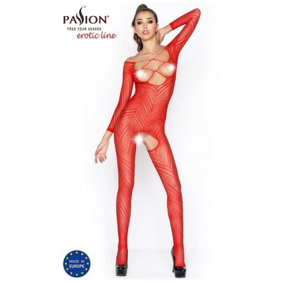 Бодістокінг Passion BS040 red, комбінезон з відкритими грудьми
