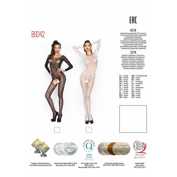 Бодістокінг Passion BS042 white, комбінезон, довгий рукав, закрите плече